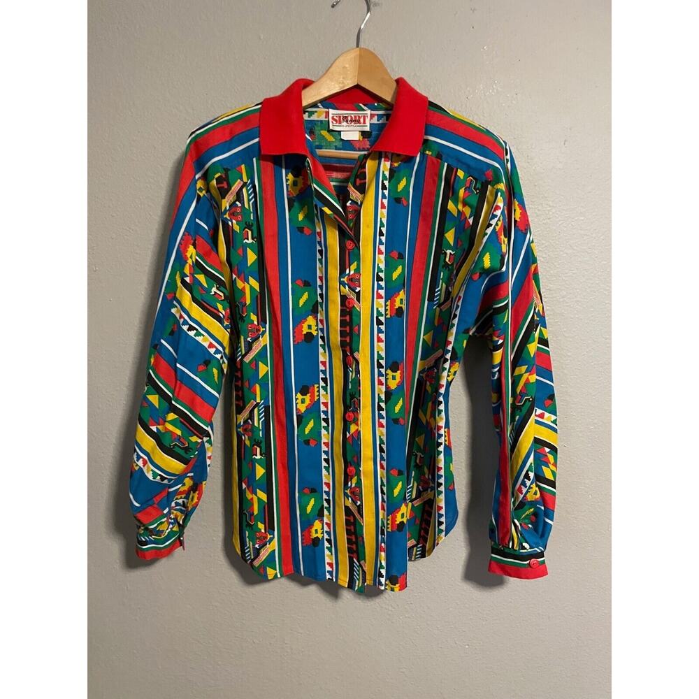 Vintage Sunny Sport Womens Top Size 10 Colorful Aztec Button Up Artsy Wacky READ